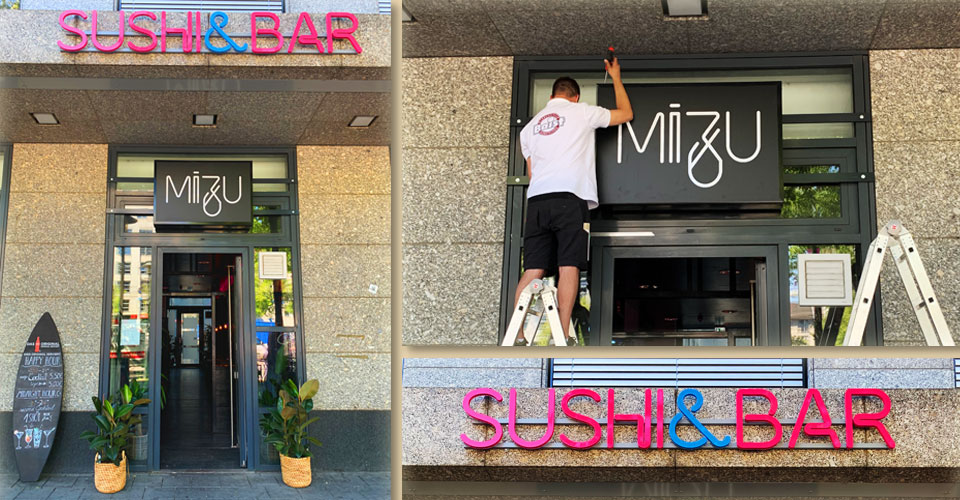 Leuchtwerbung inkl. Profilbuchstaben und Leuchtkasten für Restaurant Mizu in Mannheim